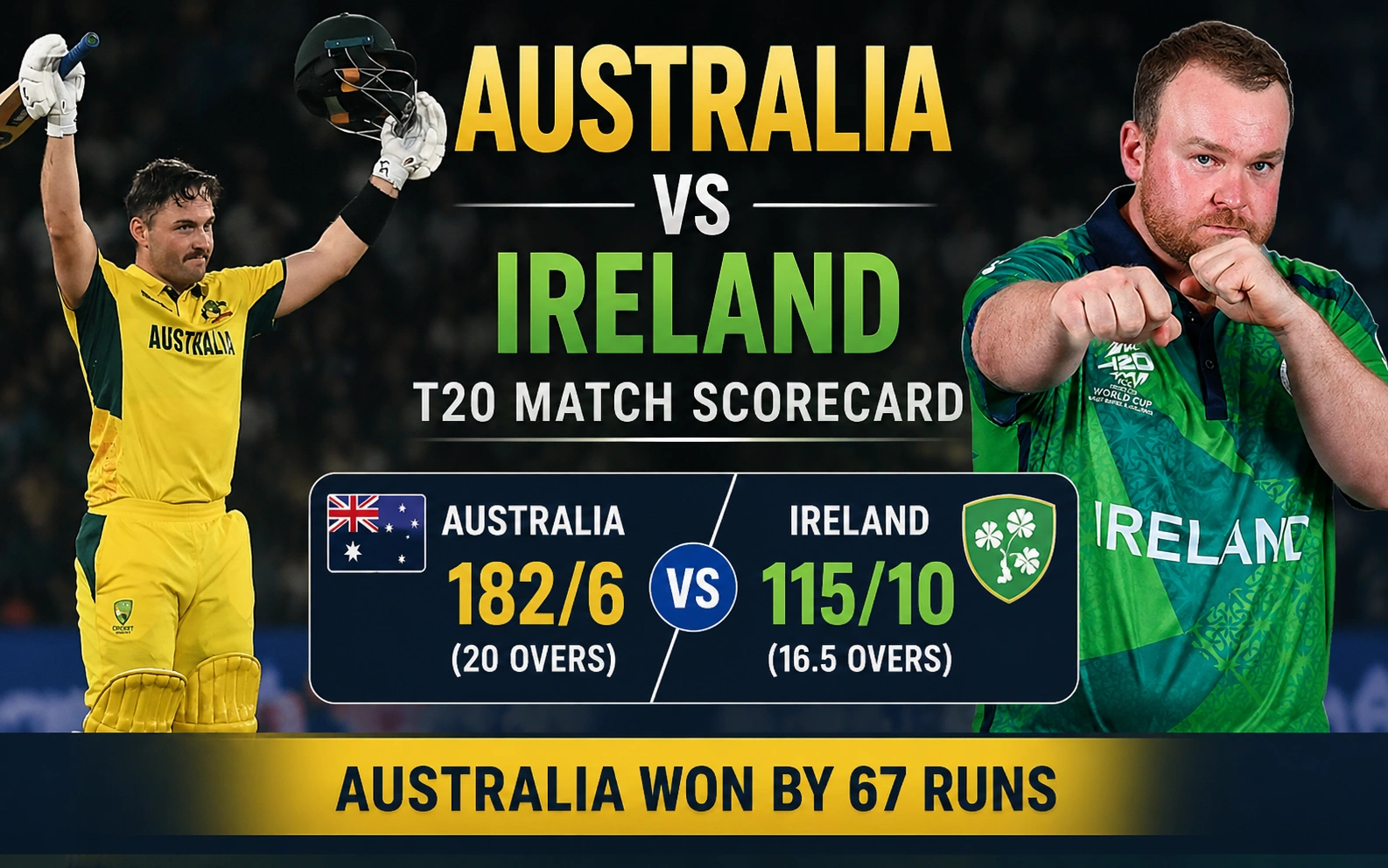 Australia National Cricket Team vs Ireland Cricket Team Match Scorecard: Full Match Report & 67-Run Victory Breakdown