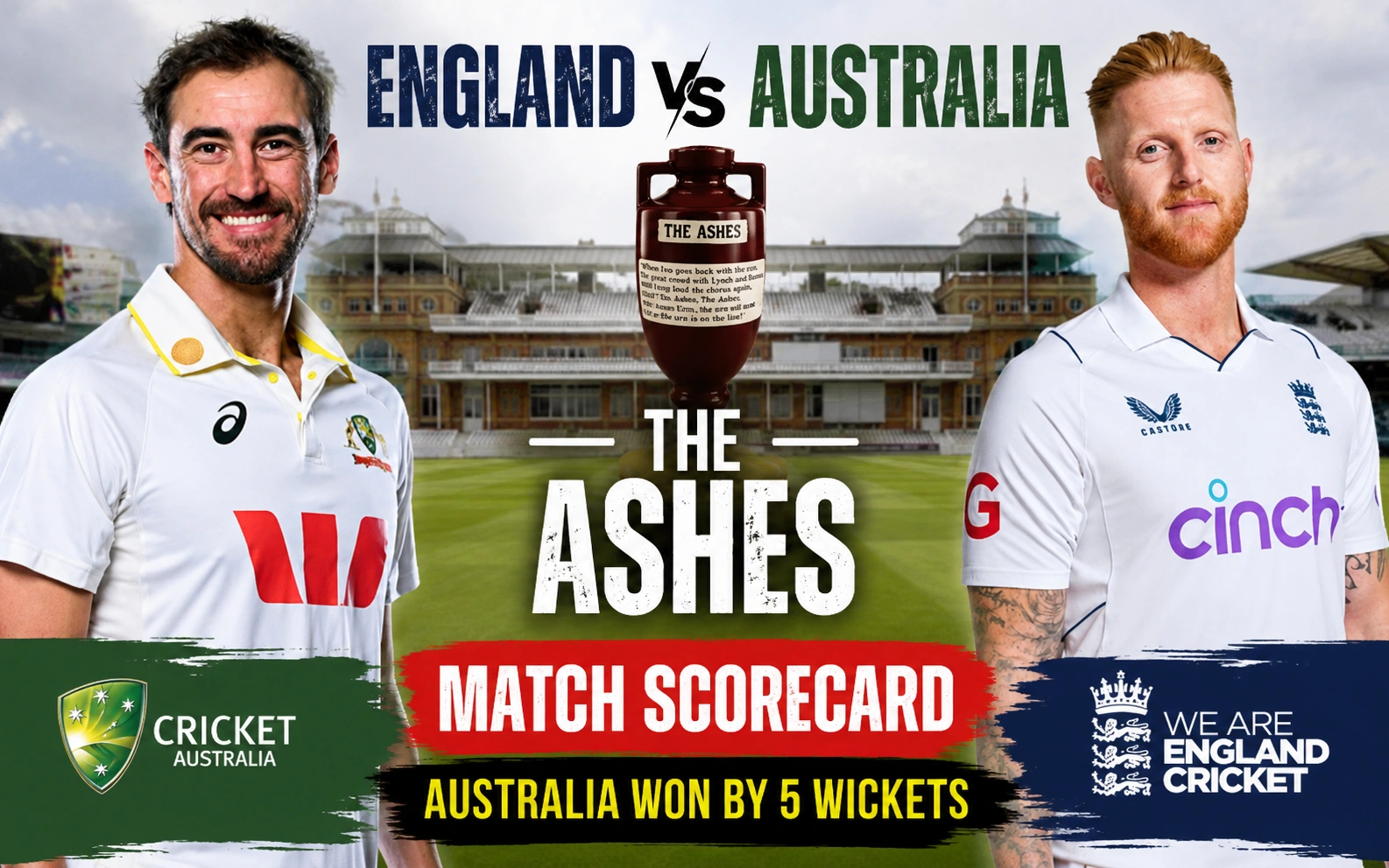 England Cricket Team vs Australian Men’s Cricket Team Match Scorecard – Australia’s Thrilling 5-Wicket Ashes Victory